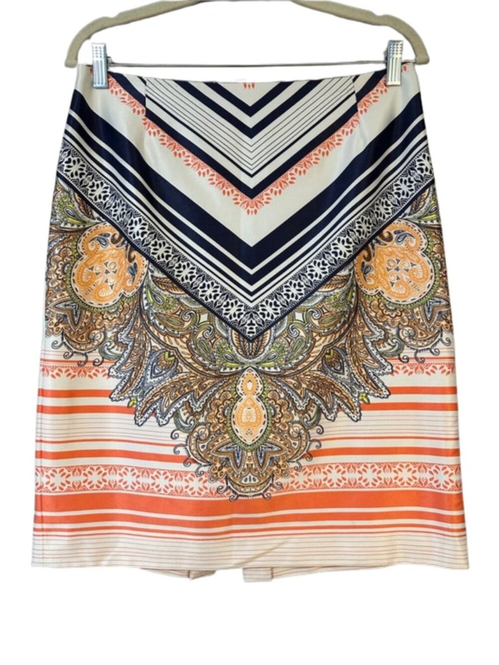 Antonio Melani Paisley Midi Skirt Navy Orange Cream A-Line Size 10